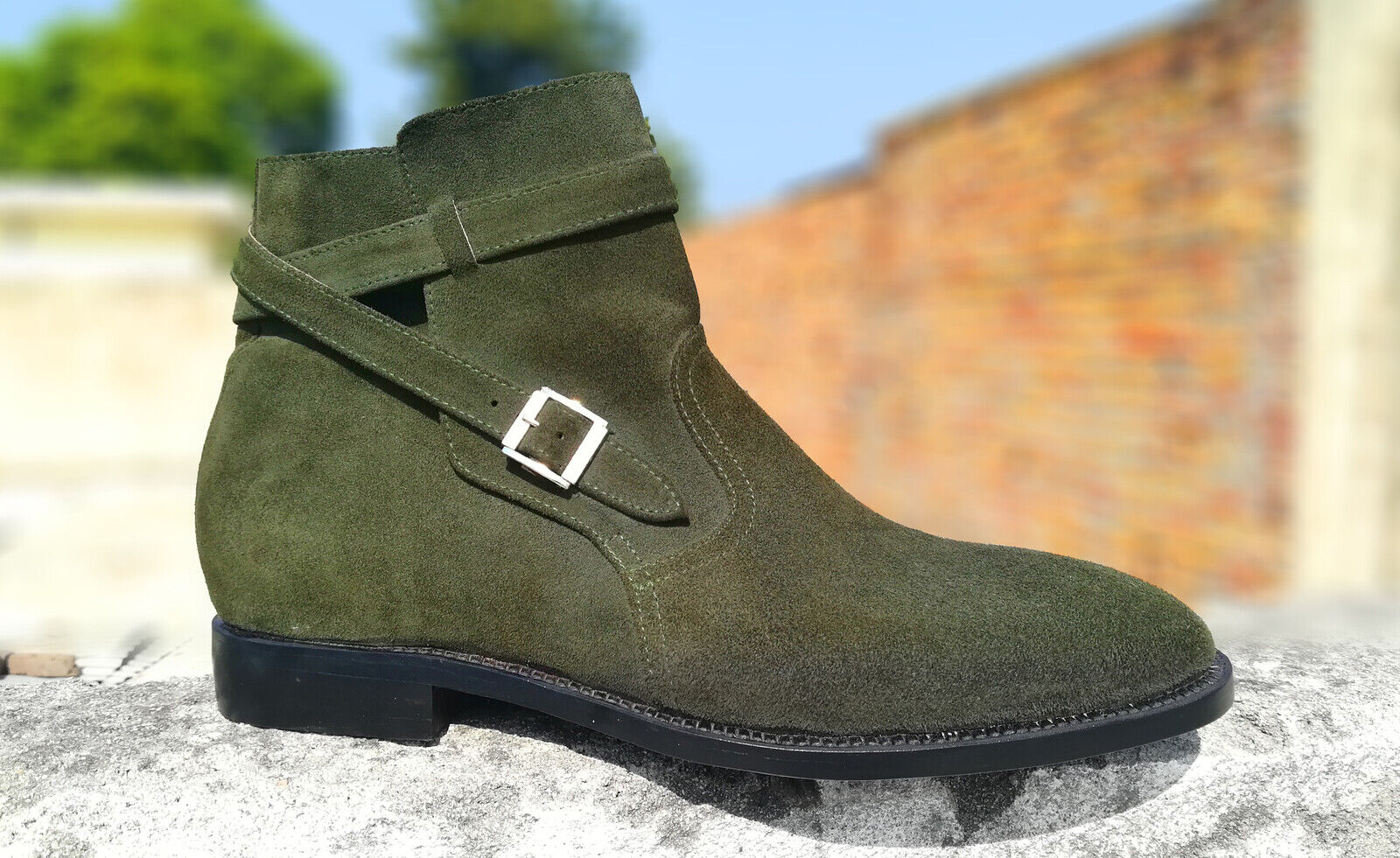 Green Jodhpur Rounded Buckle Strap Suede Genuine Leather Ankle Boot