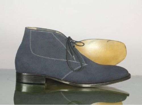 Handmade Men's Blue Suede Chukka Lace Up Ankle Boots, Men Designer Buckle Boots