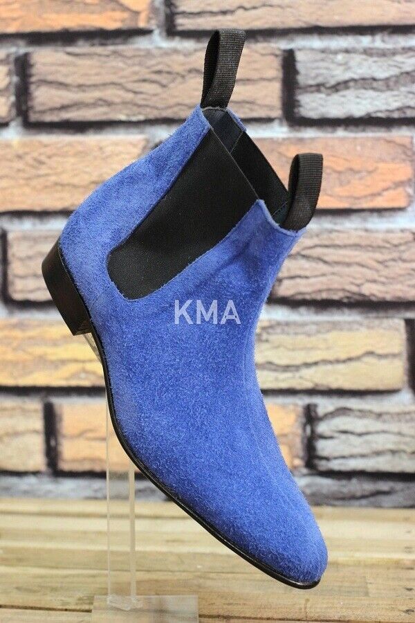 Handmade Chelsea Boot Sky Blue Color Side Elastic Slip On Suede Leather Boot