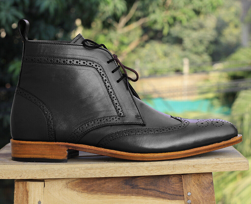 Handmade Men's Black Leather Chukka Boots, Wingtip Brogue Lace Up Dress Boot