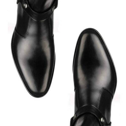 Handmade Men Black Leather Vincent Harness Zip Boots with Cuban Heel