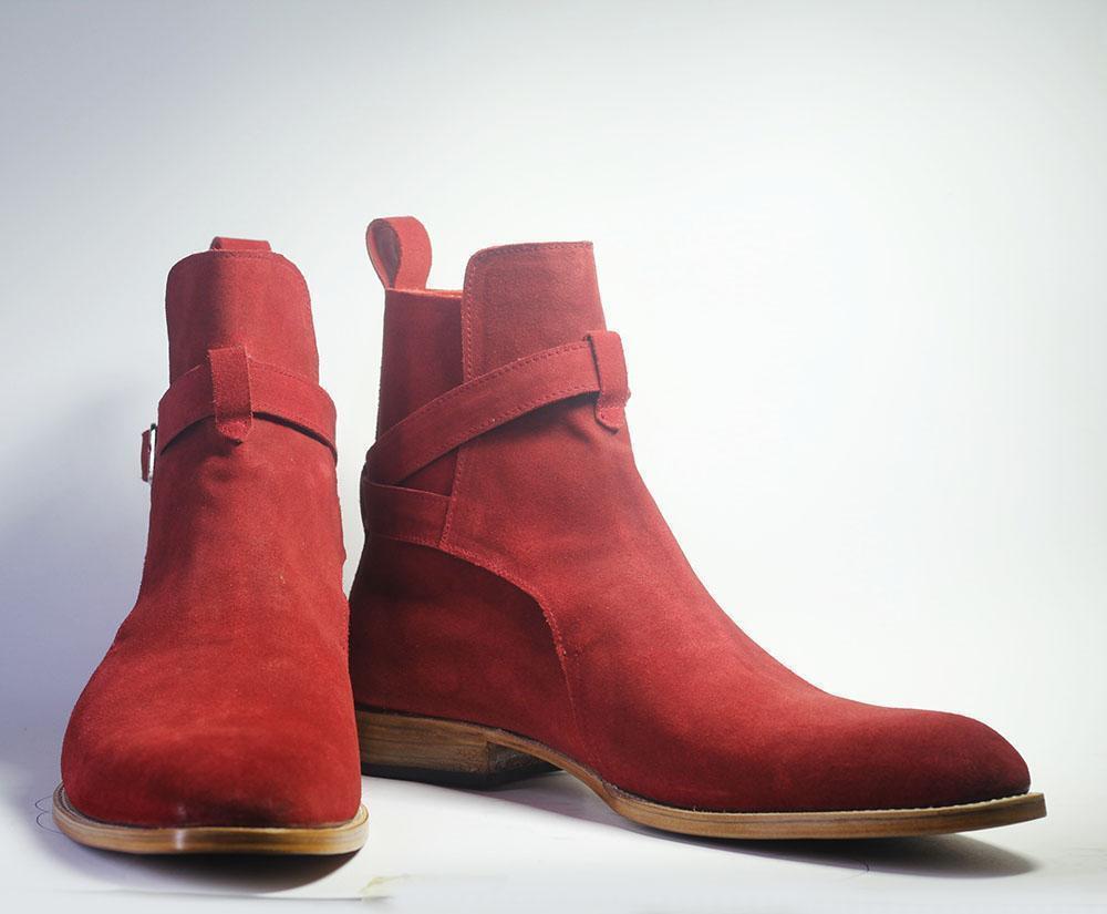 Handmade Men's Red Suede High Ankle Monk Strap Jodhpurs Boots