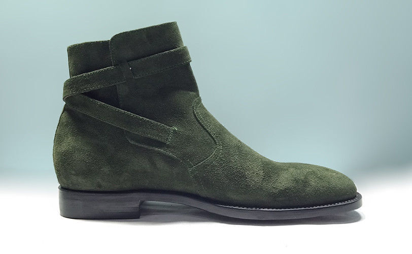 Green Jodhpur Rounded Buckle Strap Ankle Suede Leather Black Sole Boots