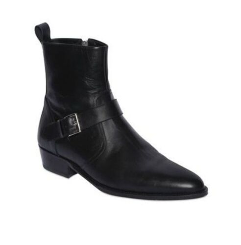 Handmade Men Black Leather Boot, ‘s Side Zipper Monk Strap Around Ankle