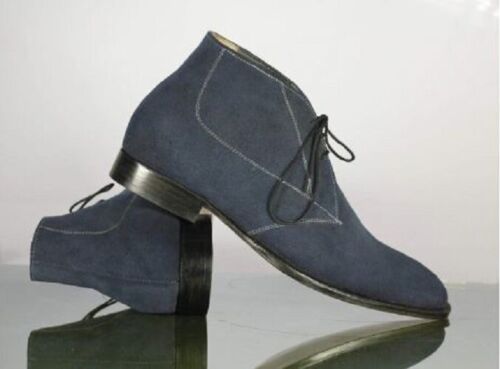 Handmade Men's Blue Suede Chukka Lace Up Ankle Boots, Men Designer Buckle Boots