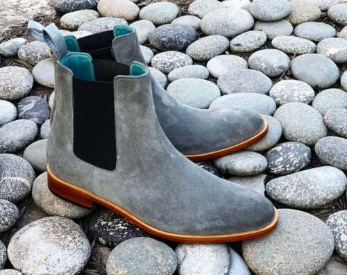 Handmade Men's Gray Suede Chelsea Slip On Boots, Men Fashion Dress Ankle Boots