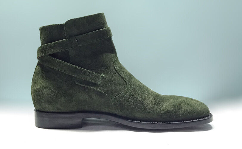 Green Jodhpur Rounded Buckle Strap Suede Genuine Leather Ankle Boot