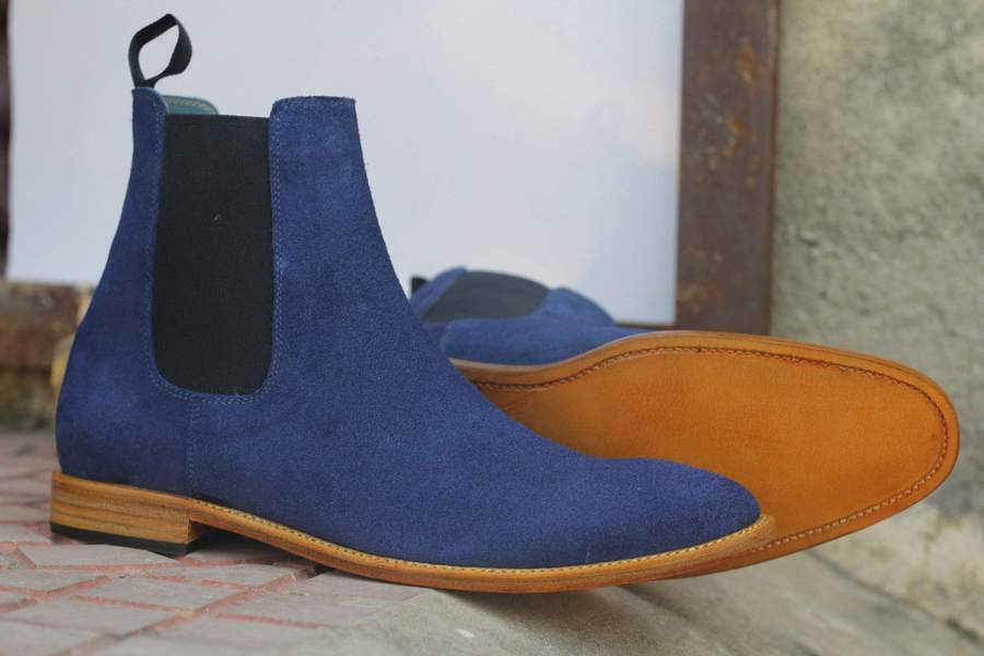 Handmade Men's Blue Suede Chelsea Boots, Men Fashion Dress Ankle High Boots