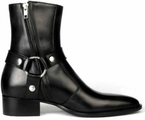 Handmade Men Black Leather Vincent Harness Zip Boots with Cuban Heel