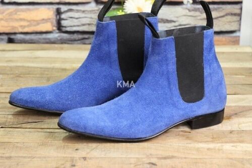 Handmade Chelsea Boot Sky Blue Color Side Elastic Slip On Suede Leather Boot