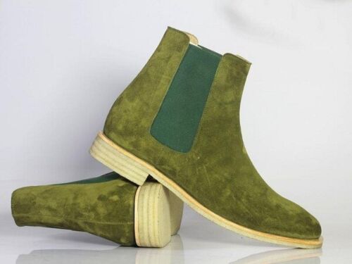 Handmade Chelsea Boot Olive Green Color Side Elastic Slip On Suede Leather Boot