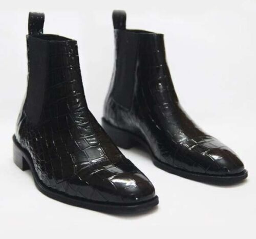 New Men's Black Chelsea Texture Leather Dress Ankle Boots