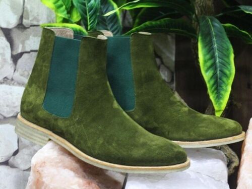 Handmade Chelsea Boot Olive Green Color Side Elastic Slip On Suede Leather Boot