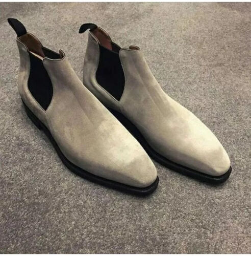 Handmade Men Gray Suede Chelsea Boots, Gray Casual Ankle Boots Boot