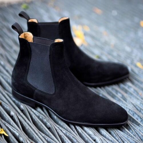 Handmade Men’s Black Chelsea Dress Office Boots, Real Suede Ankle Business Boot