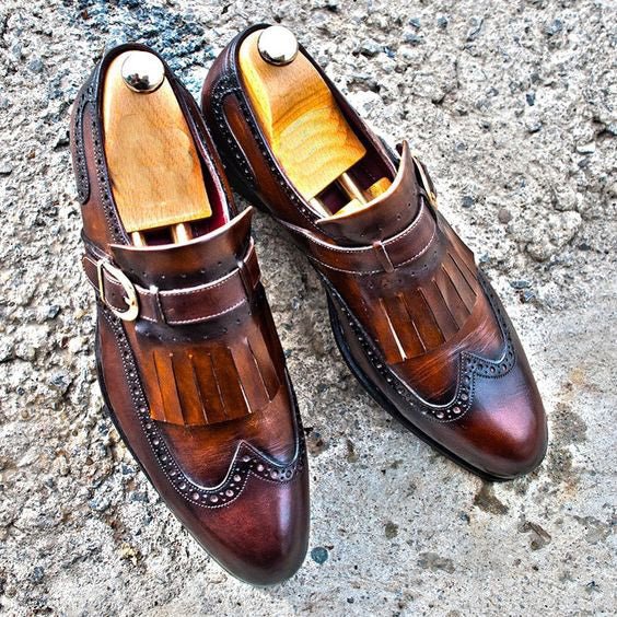 Brown Monk Single Buckle Strap Handmade Fringed Wing Tip Genuine Leather