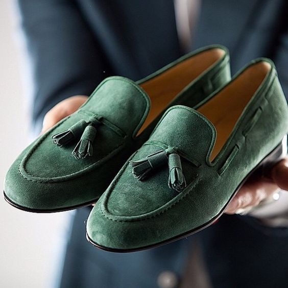 Customized Handmade Men Green Tassel Loafer Slip On Genuine Suede Leather Shoes