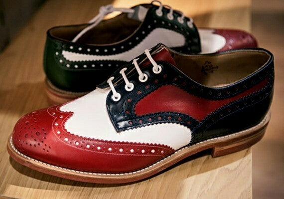 Men Multi Color Brogue Toe Wing tip Oxford Lace Up Genuine Leather shoes