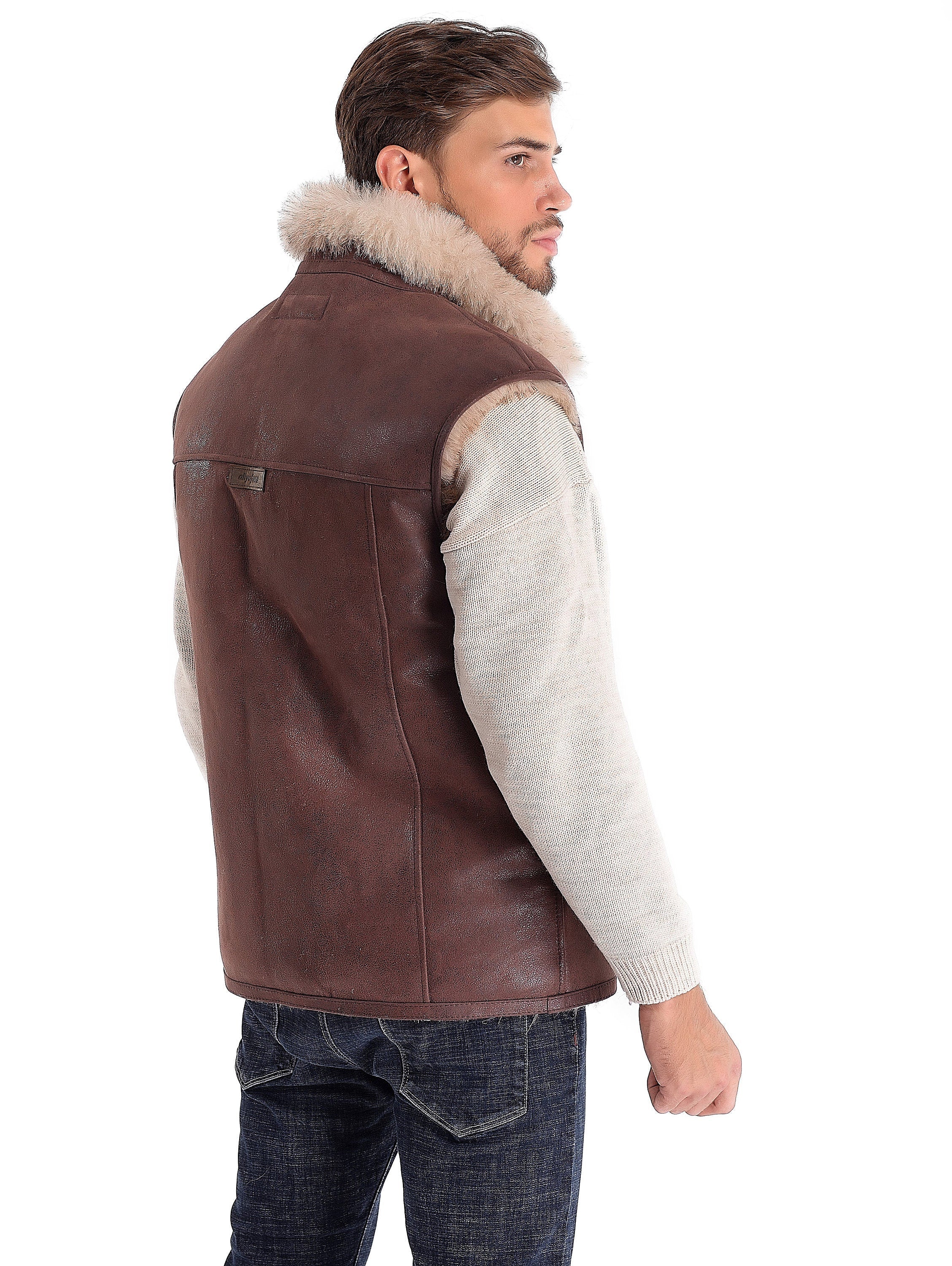 Shearling Leather Vest for Men with Soft Fur Collar