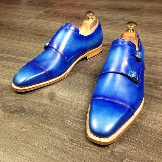 Exceptional Sky Blue Dual Monk Strap Cap Toe Quality Leather Formal Dress Shoes