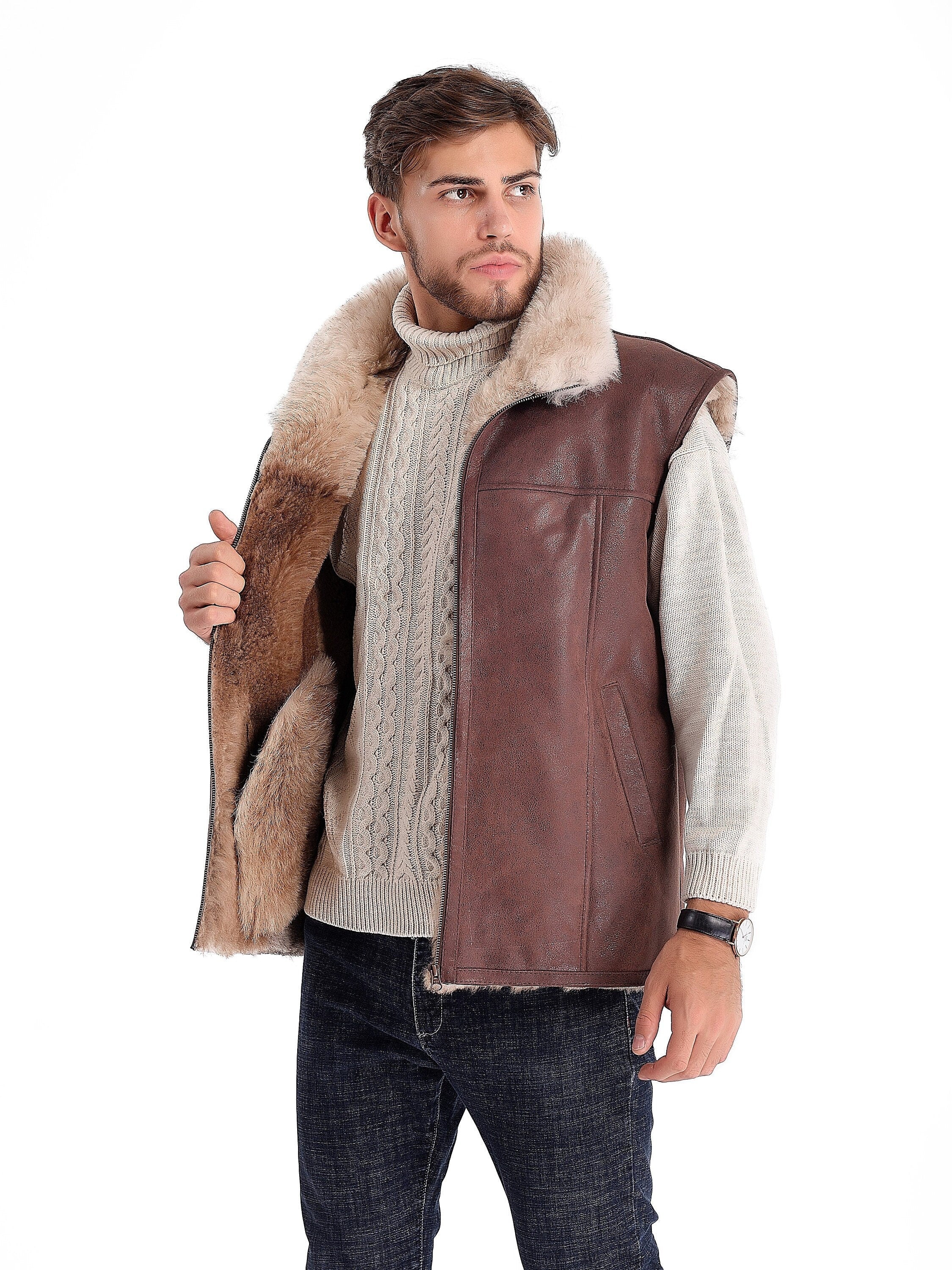 Shearling Leather Vest for Men with Soft Fur Collar