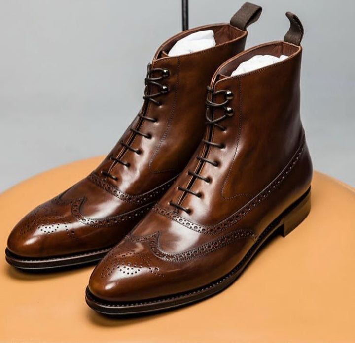 Handmade Men's Brown Fashion Brogue Ankle High Leather Lace Up Wing Tip Boot