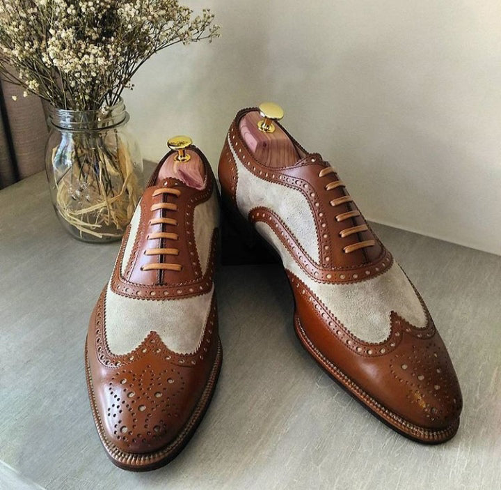 Handmade Men's Brown & Beige Color Leather & Suede Shoes, Wing Tip Brogue Dress