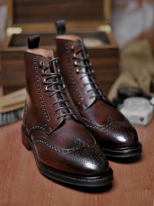 Handmade Brown Leather Wing Tip Brogue Ankle High Dress Boots For Men's