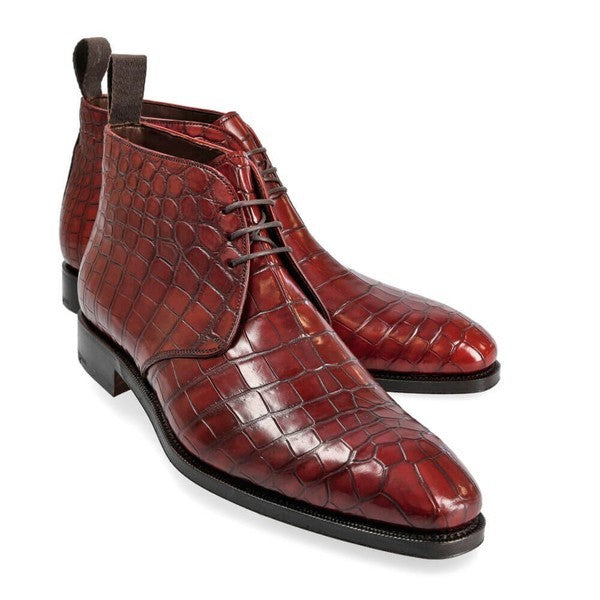 HANDMADE BURGUNDY ALLIGATOR LACE-UP CHUKKA BOOTS