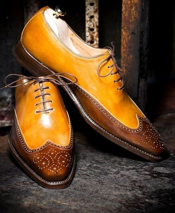 Men Handmade Classic Tan Brown Wing Tip Lace Up Formal Dress Leather Shoes