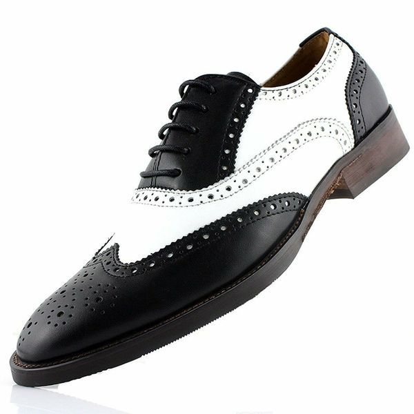 Two Tone Black White Oxford Brogue Toe Wing Tip Leather Lace Up Shoes