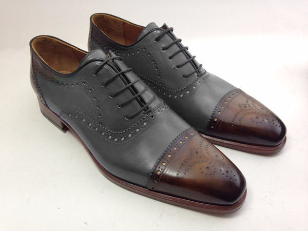 Oxford Two Tone Brown Black Brogue Cap Toe Genuine Leather Lace Up Shoes