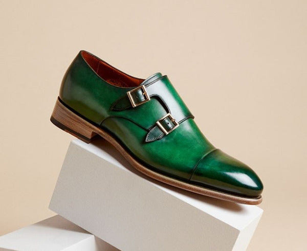 Monk Shoes Green Double Buckle Strap Derby Toe Men's Premium Quality Leather