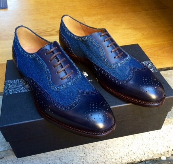 Handmade 2 Tone Blue Lace Up Leather Suede Shoe, Men Wing Tip Brogue Dress Shoes