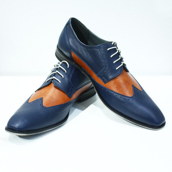 Oxford Blue Orange Wing Tip Rounded Toe Handmade Magnificiant Leather Men Shoes