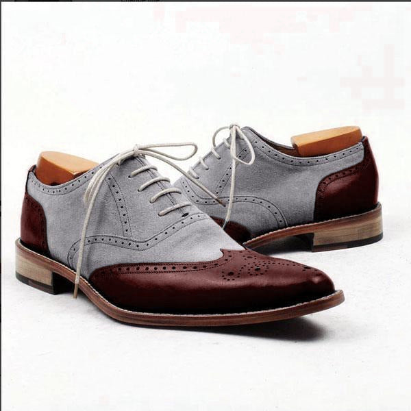 Gray Maroon Oxford Wing Tip Brogue Toe Handmade Magnificiant Leather Men Shoes