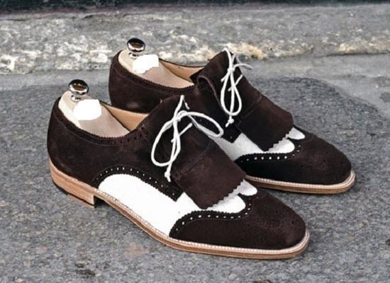 Handmade Men’s White & Brown Color Leather & Suede Shoes, Wing Tip Brogue Slip