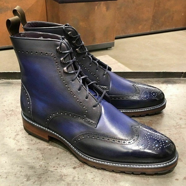 Handmade Men Blue Wing Tip Brogue Ankle Boots, Men Leather Designer Fashion Boot