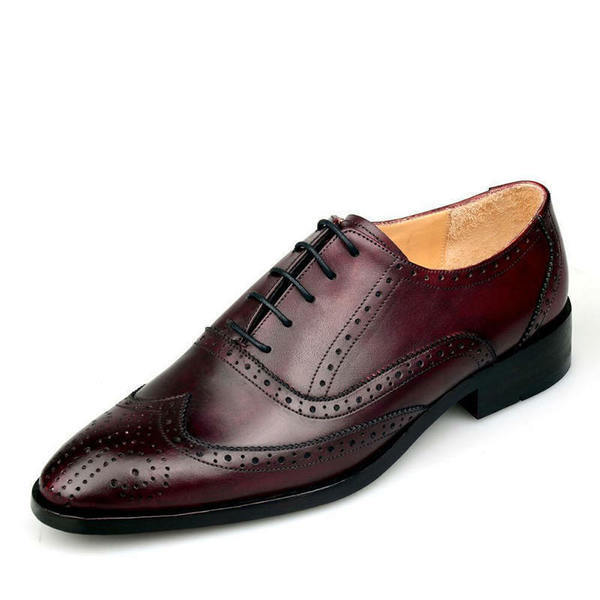 Men Oxford Burgundy Color Full Brogue Toe Wing Tip Leather Lace Up Shoes