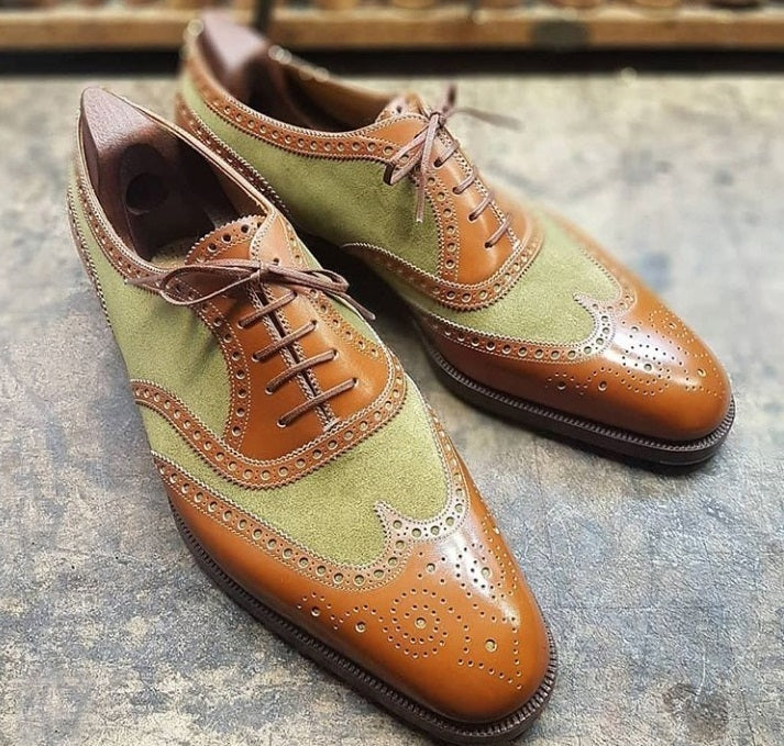 Handmade Men’s Green & Brown Color Leather & Suede Shoes, Wing Tip Brogue