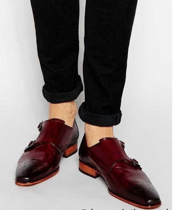 Handmade Men burgundy color monk strap shoes, Men formal shoes