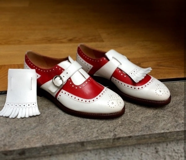 Men's Shoes Monk Red White Fringe Flap Buckle Strap Premium Quality Leather