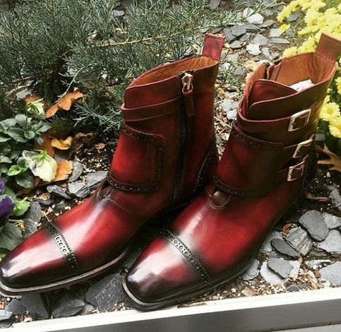 Handmade Burgundy Leather Buckle Boot, Men's Triple Monk Cap Toe Side Zip