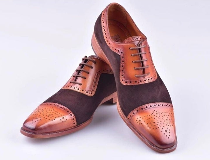 Men's Handmade Brown & Burgundy Formal Lace Up Leather & Suede Cap Toe Shoes