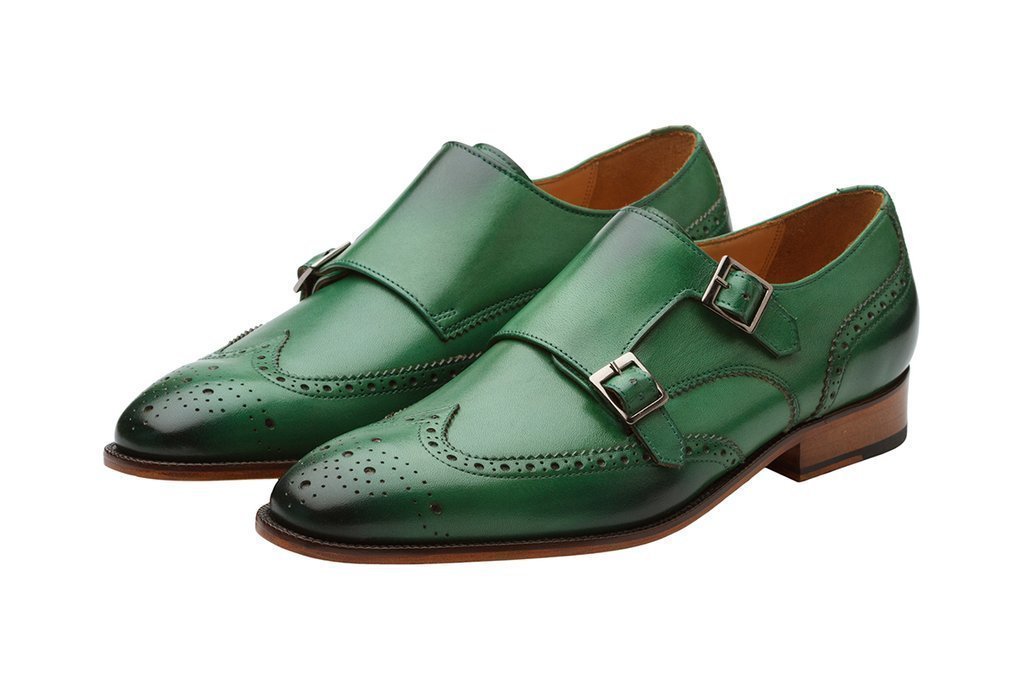 Green Men's Monk Double Buckle Straps Wing Tip Brogues Toe Real Leather Shoes