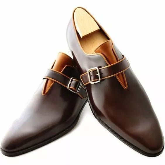 Handmade Dark Brown Leather Formal Single Buckle Dress, Office Shoes For Men