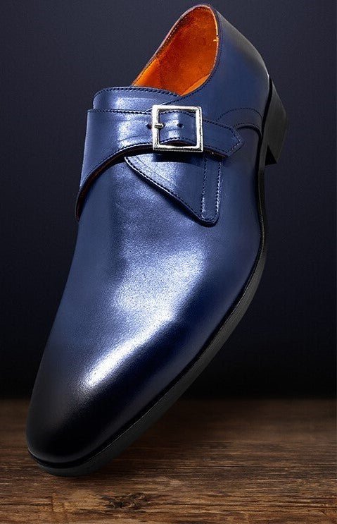 Handmade leather monk strap blue patina original leather men dress monk shoes