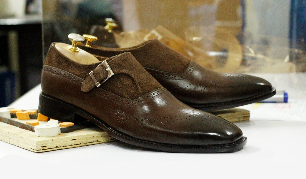 Handmade Men Brown Leather Suede Brogue Monk Strap Shoes