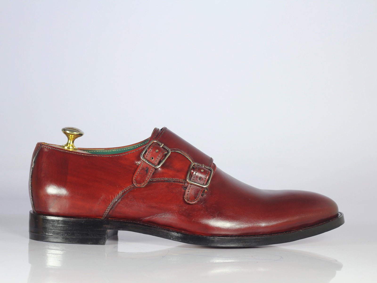 Handmade Men Burgundy Double Monk Leather Formal Shoes, Men Designer Dress Shoes