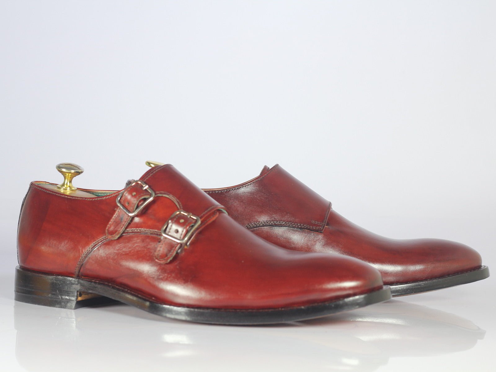 Handmade Men Burgundy Double Monk Leather Formal Shoes, Men Designer Dress Shoes